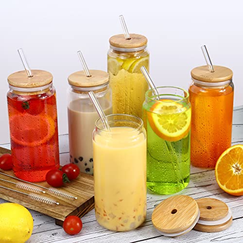 Gavoyeat Drinking Glasses with Bamboo Lids and Straw Set of 6, 16oz Can Shaped Glass Cups Beer Glass Iced Coffee Glasses Cute Tumbler Cup for Fruit juice, Smoothie, Boba Tea, Water