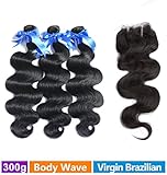 Rechoo Brazilian Virgin Remy Body Wave Hair 3 Bundles 300g with 4x4 Lace Closure Human Hair Extensions Bundles with Three Part Closure(12 14 16+12)