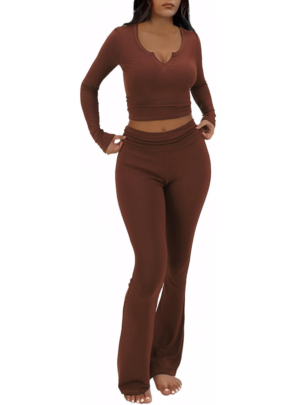 2 Piece Set Women Outfit Lounge Sets Long Sleeve Top And Flare Leggings Fold Over Yoga