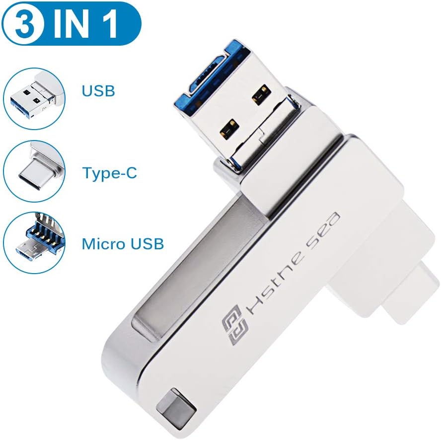 Hsthe Sea USB Flash Drive,USB 3.0 Type-C Micro USB Ports OTG Pen Drive Memory Stick Silver Metal U Disk for Android Phones MacBook Laptop PC