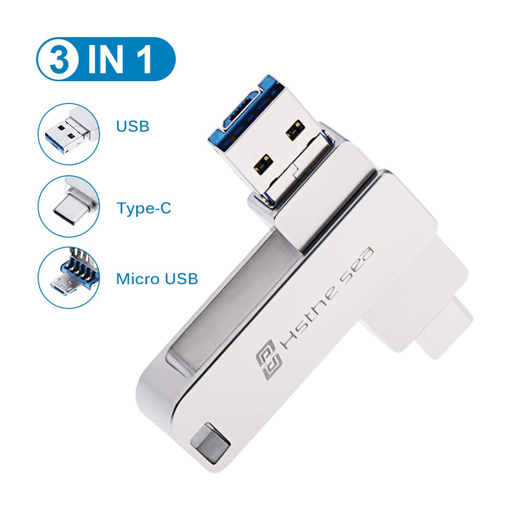 Hsthe Sea USB Flash Drive,USB 3.0 Type-C Micro USB Ports OTG Pen Drive Memory Stick Silver Metal U Disk for Android Phones MacBook Laptop PC