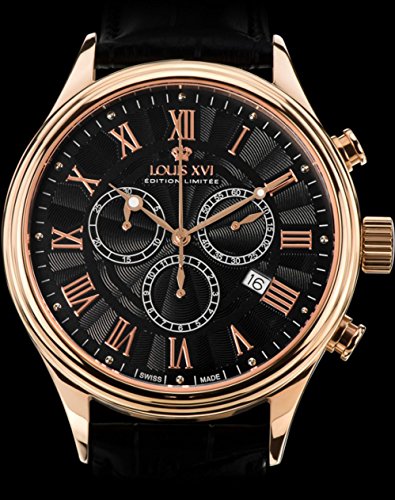 LOUIS-XVI-Herren-Armbanduhr-Danton-Rosegold-Schwarz-Rmische-Zahlen-Chronograph-Analog-Quarz-echtes-Leder-Schwarz-517