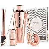 VonShef Brushed Copper Etched Parisian Cocktail Shaker Barware Set, with Recipe Guide, Includes Twisted Bar Spoon, Hawthorne Strainer, 0.5 Ounce and 1 Ounce Measuring Jigger and Wooden Muddler