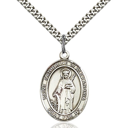 Sterling Silver St. Catherine of Alexandria Pendant 1 x 3/4 inches with Heavy Curb Chain