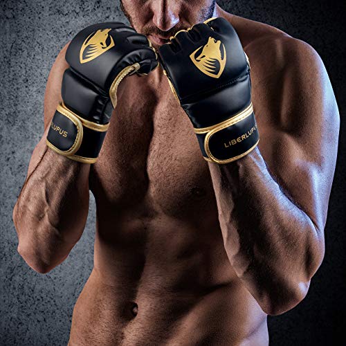 Liberlupus MMA Gloves, UFC Boxing Fight Gloves MMA Mitts with Adjustable Wrist Band for Sanda Sparring Punching Bag Training (Black & Gold, S/M) - Thumbnail 6