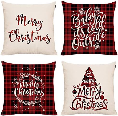 GTEXT 4 Pack Christmas Throw Pillow Cover Holiday Decor Buffalo Check Merry Chrismtas Pillow Cover Cuhion Cover Case for Couch Sofa Home Decoration Pillows Linen 18 X 18 Inches