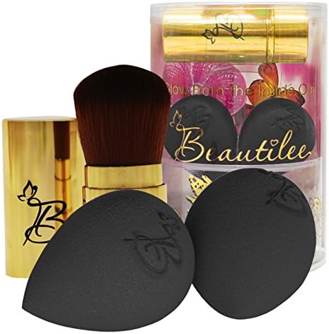 Beautilee - Blend Like a Pro - Makeup Sponge Beauty Egg Blender Sponge for Liquid Foundation and Powder Brush Set - 2 Cosmetic Sponges and 1 Pink Kabuki Brush