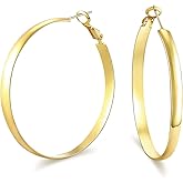 wowshow Large Hoops Earrings for Women, Big Hoop Earrings 14K Real Gold Plated Flat Gold Hoops Lightweight