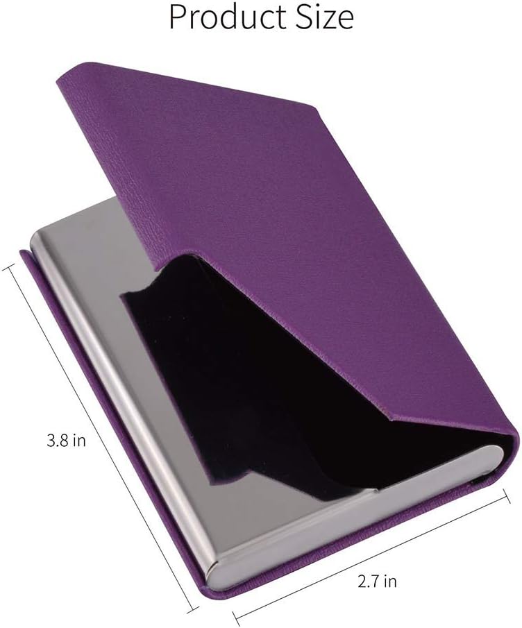Pocket Business Name Card Holder, Stainless Steel Luxury PU Leather, Credit ID Card Case Organiser Wallet with Magnetic Shut, Purple - Image 5