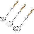 New Star Foodservice 1028737 Commercial-Grade Stainless Steel Specialty Chinese Wok Utensil Set, Spatula, Solid and Perforated Ladle, 16-Inch, 17-Inch, 17-Inch (Hand Wash Recommended)