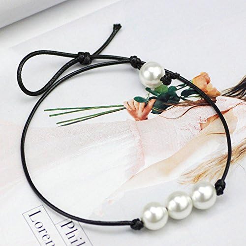 arnonJewelryarnonJewelry Fashion Women Single Pearl Leather Choker Necklace Pendant Black Leather Cord