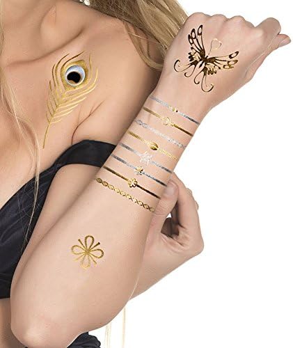 TAFLY Feather Tattoos Butterfly Flash Gold Temporary Tattoos 6 Sheets
