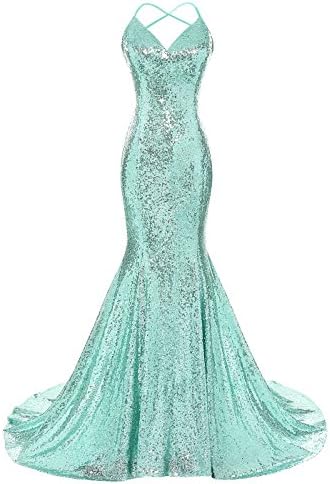 DYS Women's Sequins Mermaid Prom Dress Spaghetti Straps V Neck Backless Gowns
