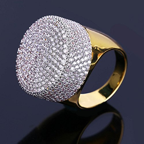 TOPGRILLZ 23mm 14K Gold Plated Round Fully Iced Out CZ Lab Simulated Diamond Bling Band Style Pinky Ring for Men Hip Hop
