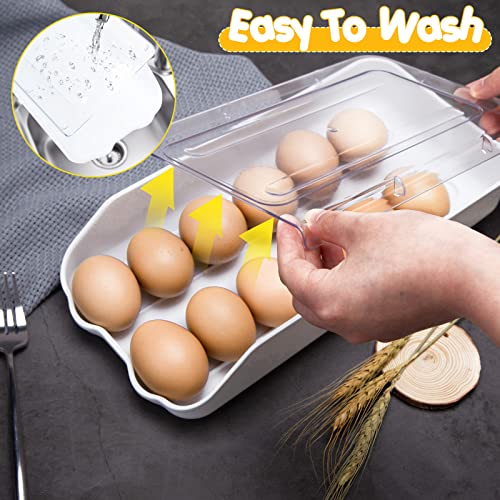 HANSGO Egg Holder for Refrigerator, Automatic Rolling Egg Dispenser Egg Storage Box with Lid 14 Count Egg Organizer for Kitchen Refrigerator