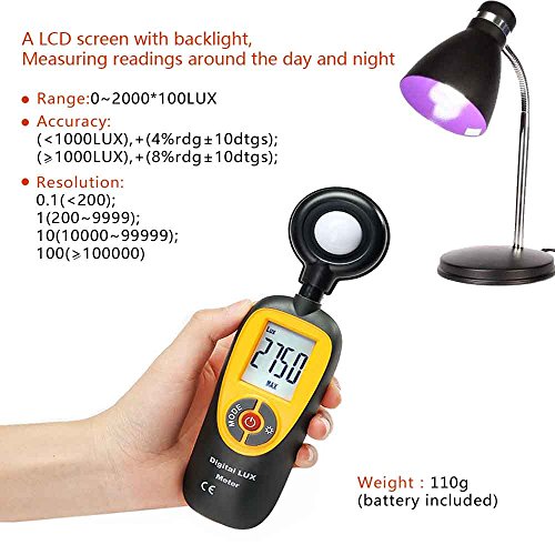 Hti-Xintai Light Meter, Digital Handheld Foot Candle Meter with LCD Display,Actionometer Illuminance Measuring Range 0.1-200,000 Lux/0.01-20,000 Fc (One 9V Battery Included)