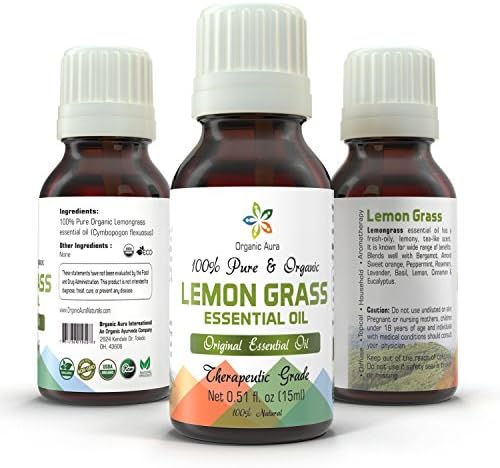 Organic Lemon Grass Oil - 15ml. Aromatherapy Essential Oil. USDA Certified Organic. 100% Pure, Original and All Natural. Ayurveda Grade.
