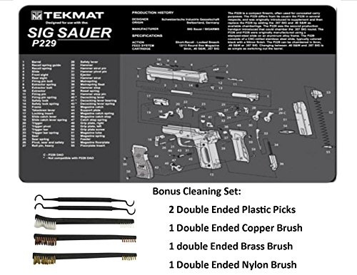 TekMat 11-Inch X 17-Inch Handgun Cleaning Mat with Various Imprint, Black Bonus 5 Pc Gun Cleaning Brush & Pick Set (11" X 17", SIG P229)