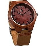 Wood Grain Handmade Mens Red Sandalwood Natural Wooden Watch with Genuine Brown Leather Band