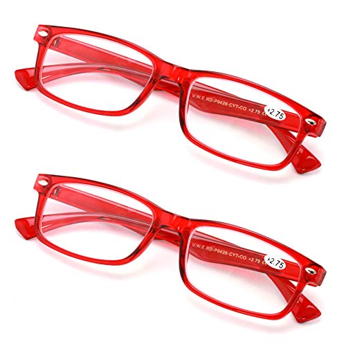 2 Pairs Casual Rectangular Reading Glasses - Stylish Simple Readers Rx Magnification Transparent Blue Red (2 Red, 2.75)