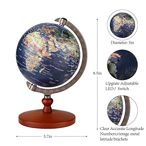 FUN GLOBE 2 in 1 LED World Globe Desktop Decoration Geographic Interactive Earth Globes for Kids & Adults for Educational Toys/Office Supplies/Indoor Decorations/Holiday Gift (Navy, 5 Inches)
