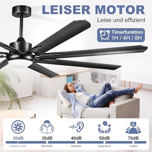 XSXUDODP Ceiling Fans 185 cm with Light, Outdoor White Ceiling Fan with Lighting and Remote Control, 8 Aluminum Blades, 6 Speed, Reversible DC Motor, Black