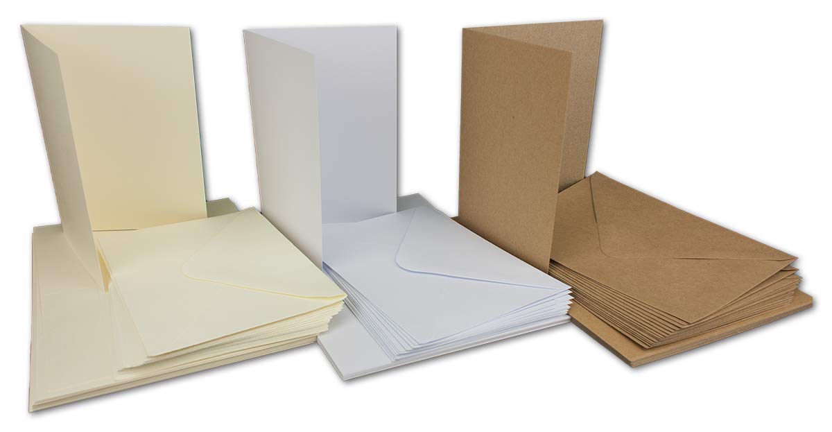 Kraft Paper Cards, Mixed Set, DIN Long & Square, Including Envelopes, Recycling Invitation Cards in Natural Brown 3 x 15 Sets Weiss - Creme - Kraft A6 / C6
