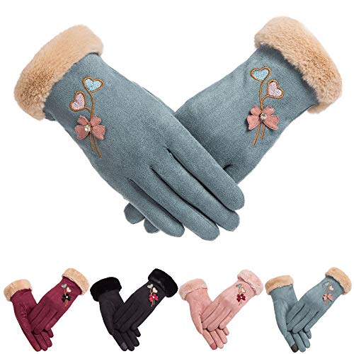 Pausseo Women Deerskin Flower Gloves,Lady Winter Warm Outdoor Sport Full Finger Solid Color Touchscreen Mittens Fleece Thicken Plush Outdoor Mittens Students Knitted Wool Casual Play Snow - Thumbnail 4