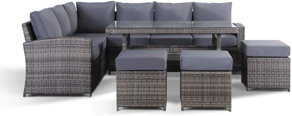 Oak Solution Jasmina Grey Garden Furniture Corner Sofa With Dining Table and 3 Stools Set