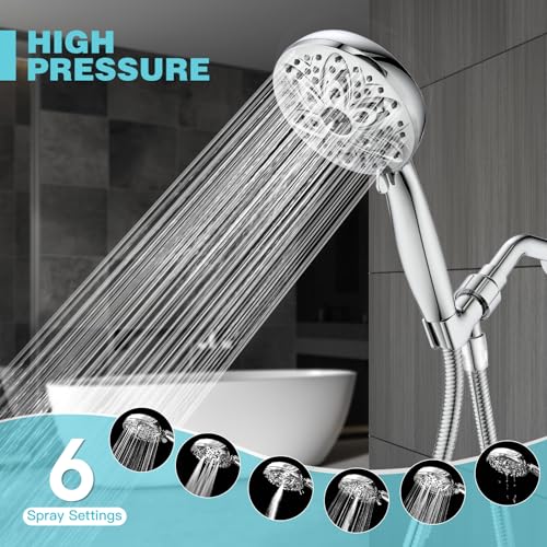 6-Setting Shower Head with Handheld, JDO High Pressure Hand held Shower Head, 4.7 Inch Chrome Detachable Showerhead Set with 59 Inch Stainless Steel Hose and Adjustable Showerhead Holder