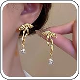Erimberate Bohemian Teardrop Crystal Dangle Earrings Gold Bow Tie Stud Earrings Metal Bow Cz Drop Earrings Retro Rhinestone Bow Earrings Jewelry for Women