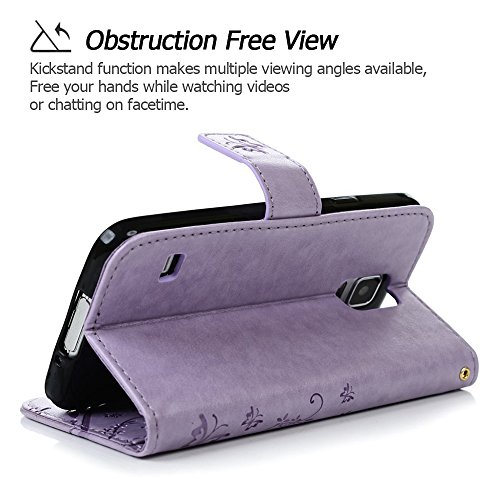 S5 Case, Samsung Galaxy S5 Case - Mavis's Diary Premium Wallet PU Leather with Fashion Embossed Floral Butterfly Magnetic Clasp Card Holders Flip Cover with Hand Strap - Light Purple