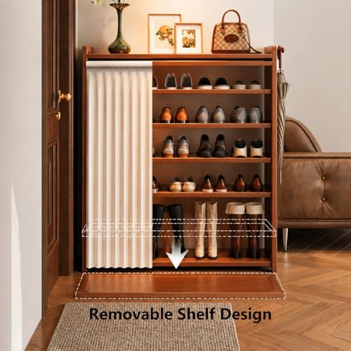 Shoe Rack Storage Cabinet Bamboo Free Standing Shoe Racks with Dustproof Curtain Storage Shelf Organizer for Entryway Hallway Bedroom (B-6 Tier)