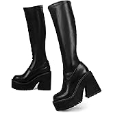 AMINUGAL Womens Elastic Knee High Platform Chunky Block High Heel Sock Boots Zipper Round Toe Fashion Motorcycle Combat Punk Boots For Women