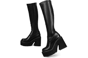 AMINUGAL Womens Elastic Knee High Platform Chunky Block High Heel Sock Boots Zipper Round Toe Fashion Motorcycle Combat Punk Boots For Women