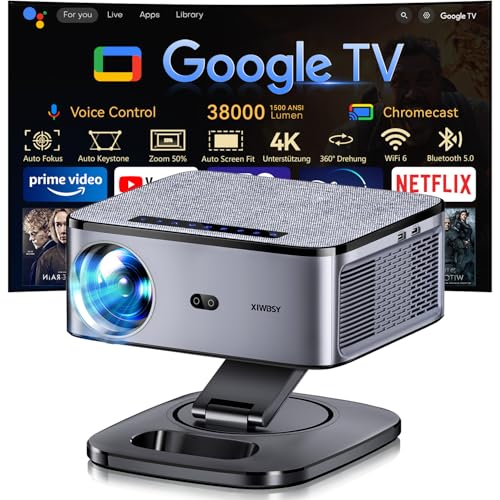 Projector 4K 1500 ANSI & Google TV/Auto Focus: Full HD 1080P 38000 Lumen XIWBSY Smart Projector with WiFi 6, Bluetooth 5, Voice Assistant, Home Cinema & Outdoor Projector