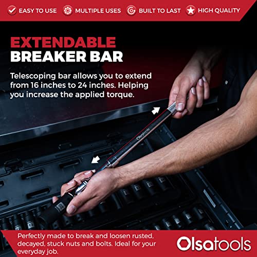 Olsa Tools Extendable Breaker Bar, 1/2Inch Drive, 16" 24" Length