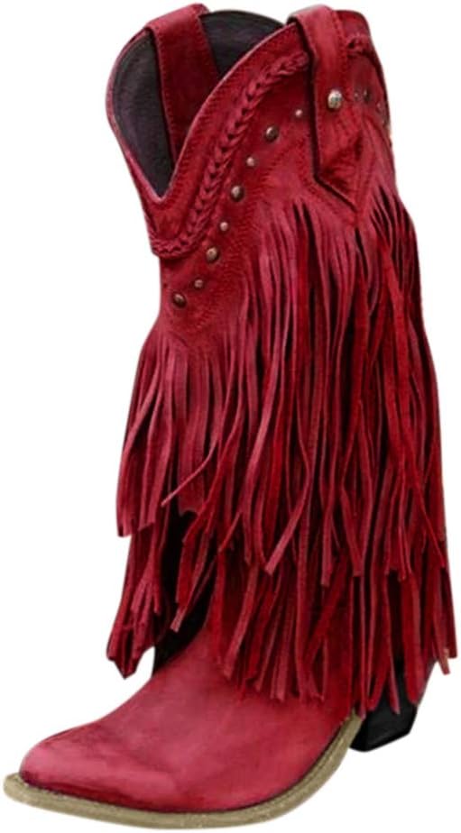 Sturrly Western Knight Boots Women's Flats Tassel Pointed Toe Low-Heeled Fringe Moccasin Zipper Under Knee High Shoes