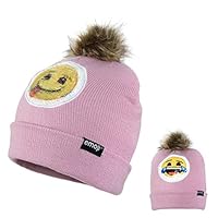 Elliott and Oliver Co. Emoji Reversible Brush Changing Sequins Smiley Face Winter Beanie Hat w Fur Pom Pom (Blush)