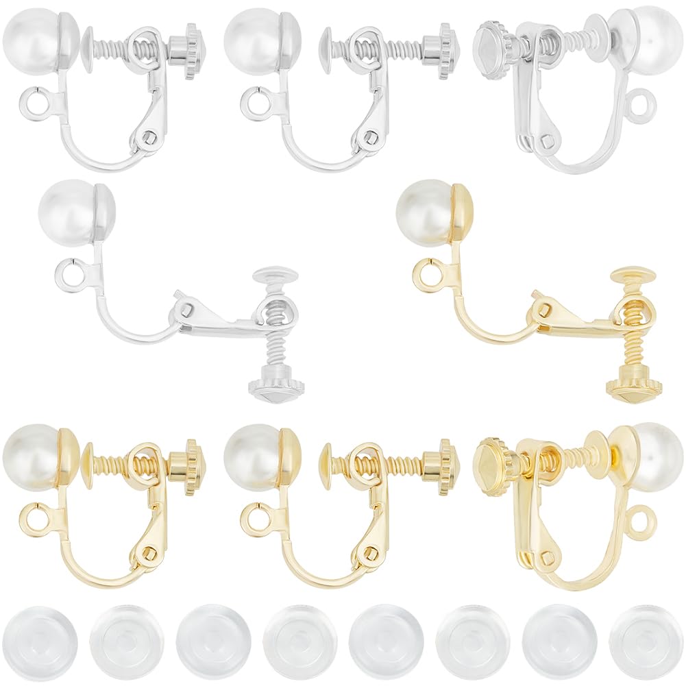 Beebeecraft 12Pcs Clip-on Earring Findings 14K Gold & 925 Sterling Silver Plated Non-Pierced Earrings Clips Finding with Loop Pearl 20Pcs Silicone Pads for Summer DIY Earring Jewellery Making