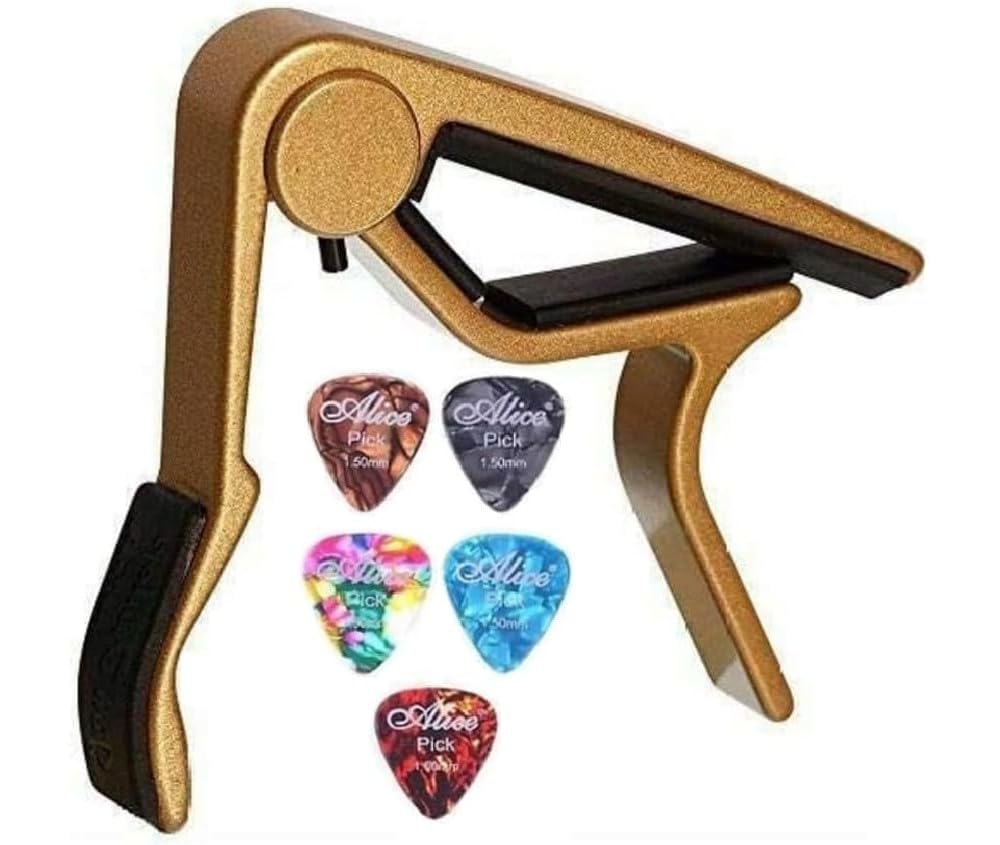 AKORD Quick Change Capo + 5 Picks for 6-String Acoustic & Electric Guitars, Classical Guitar & Ukulele – One-Handed Trigger Design, No Buzz, Lightweight & Durable – Gold