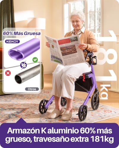 Kekoy K2 Andador para ancianos con asiento plegable de aluminio, regulable en altura, 181 kg de carga, andadores adultos con cojín de asiento de 44 cm, respaldo y bolsa de almacenaje, morado