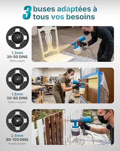 Tilswall Pistolet a Peinture, Pulvérisateur de Peinture Électrique Ultra-léger avec 3 Buses & 3 Motifs, Facile à Utiliser et Nettoyer, Parfait pour Meubles, Plafonds, Murs, Portes, Jardin et Bricolage