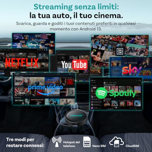 OTTOCAST P3 Pro AI Box, Adattatore CarPlay wireless e Android Auto, 8+128GB | 3 in 1 OttoAibox con Android 13, Uscita HDMI, Download di app, Schermo diviso, Nano-SIM, Cloud SIM e supporto MicroSD