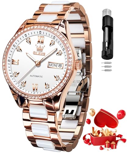 OLEVS Automatische Armbanduhr für Damen, selbstaufziehend, Diamant-Armbanduhr für Damen, luxuriöse Rose-Gold-Keramik-Uhr für Damen, Liebes-Herz-Datum, Armband