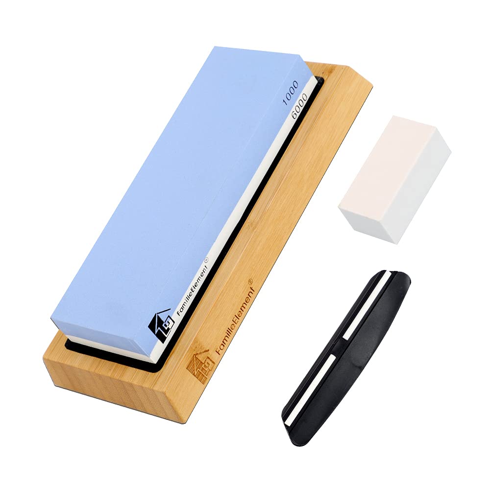 RongFeng Knife Sharpening Stone,Whetstone 1000 6000 Grits, Professional 2-in-1 Double-Sided Knife Sharpener with Angle Fixer,Nonslip Bamboo Base and Correction Stone