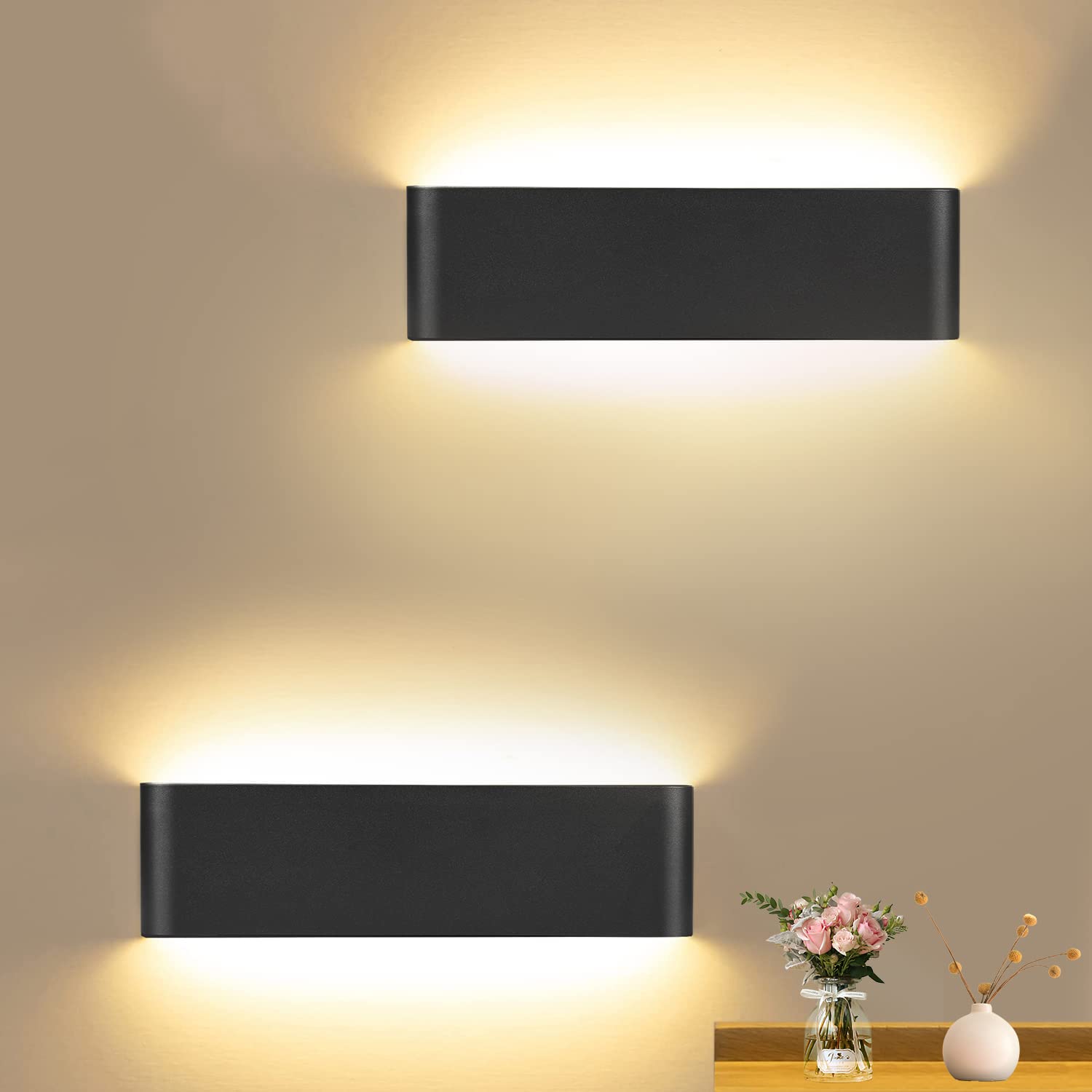 CANMEIJIA 2 Pack LED Wall Lights Indoor 41CM, 16W Wall Lamp 3000K Warm Light Up and Down Wall Lights Aluminum Modern Style for Bedroom Bathroom Living Room Hallway Kitchen Corridor Stairs (Black)