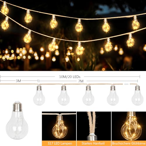 DBFAIRY 10 m Solar Fairy Lights Outdoor with 20 Bulbs, Solar Fairy Lights Outdoor Weatherproof with Timer 8 Modes, Vintage Hemp Rope Solar Fairy Lights Outdoor for Garden Balcony Party (Warm White)