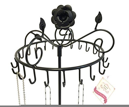 Bejeweled Display Rose on Top 17" H Black Color Rotating Necklace Holder ~ Necklace Organizer~Necklace Stand Jewelry Display - Thumbnail 4