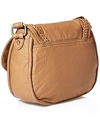 Keyli - Bolso bandolera de piel sintética lavada para mujer, estilo vintage, suave y ligero, con solapa trenzada